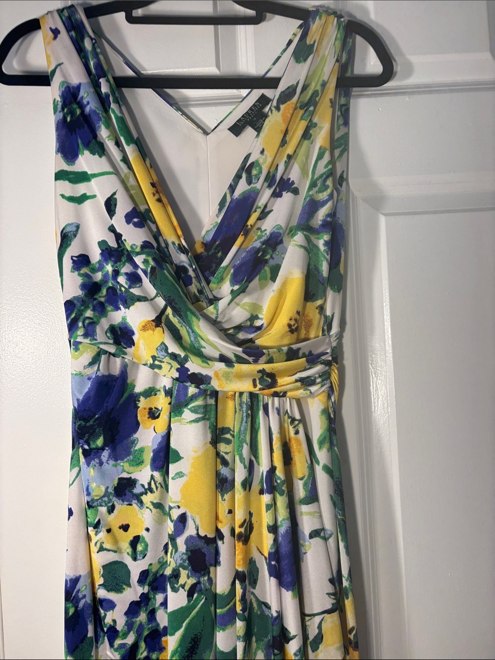 Floral V-Neck Sleeveless Dress - White with Yellow & Blue - Picture 3 of 6